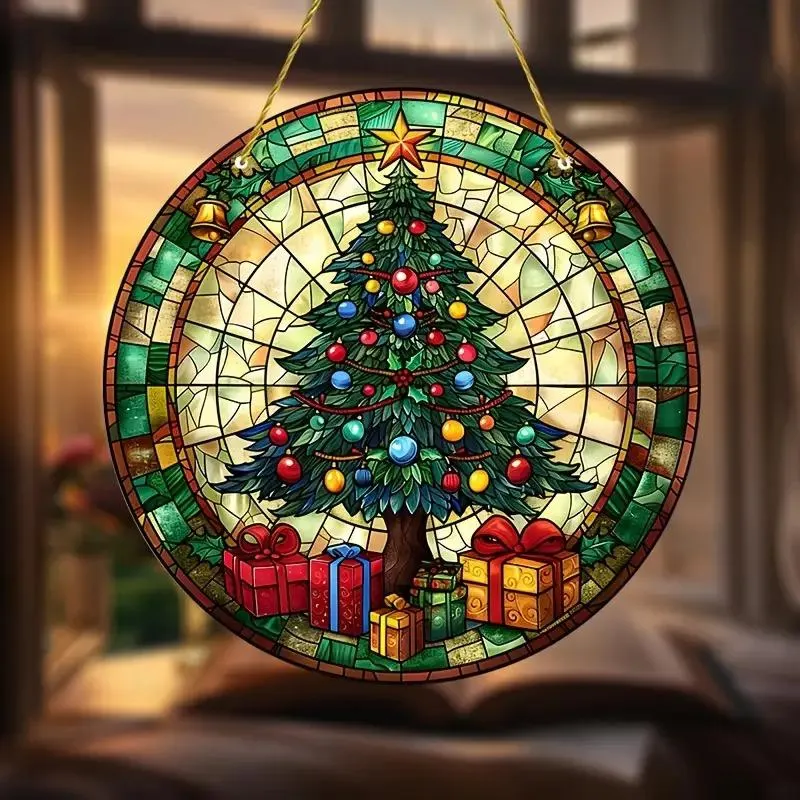 7.9 Inch Round Window Hanging Decor Christmas Tree Stained Glass Window  Hanging Suncatcher – 7.9x7.9 Inch Winter Xmas Holiday Decor, Round Glass  Wall Art Sculpture With Chain & Hook, Indoor Window O