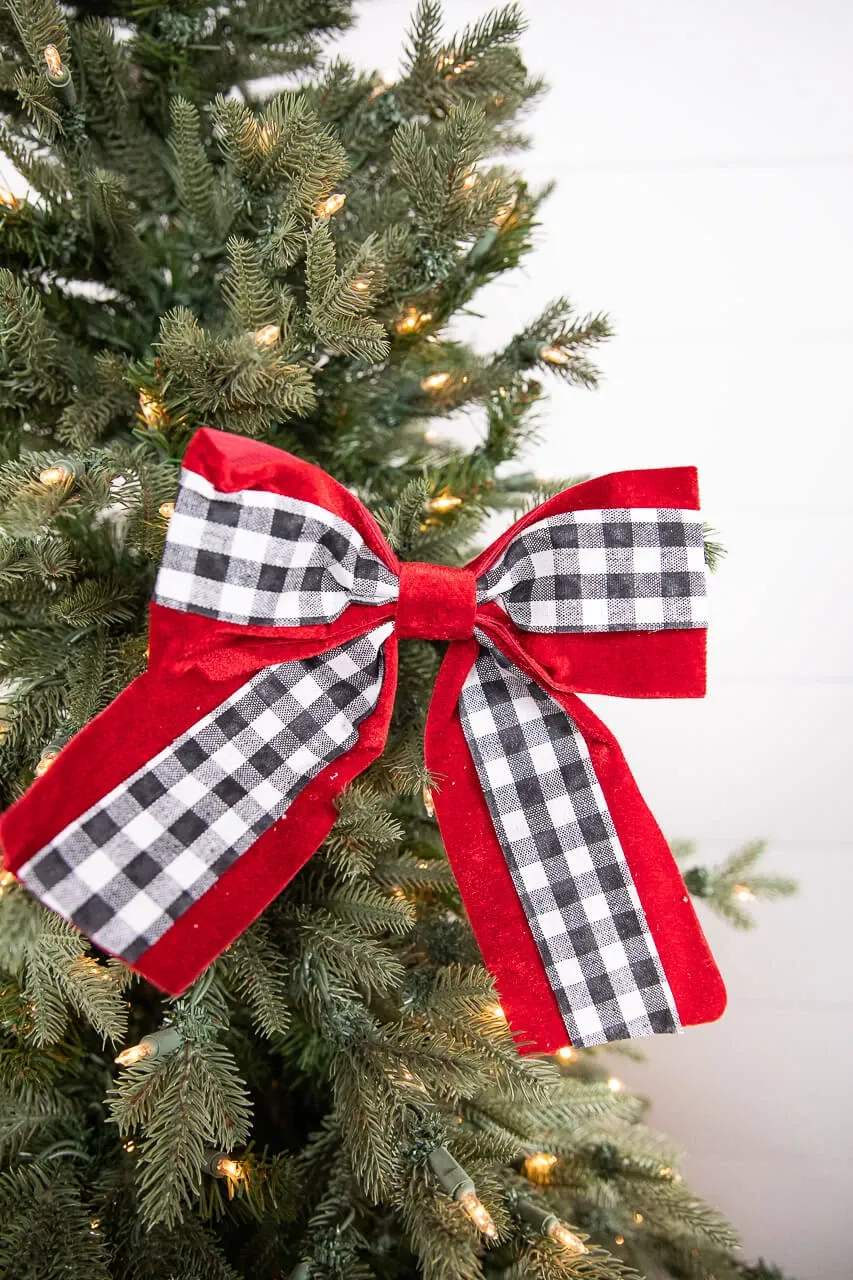 8” Black and White Plaid on Red Bow - Cranberry Christmas Tree Ornaments
