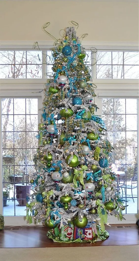 8 Ft Teal & Lime Green Christmas Tree Heavily Decorated - Shrih Management