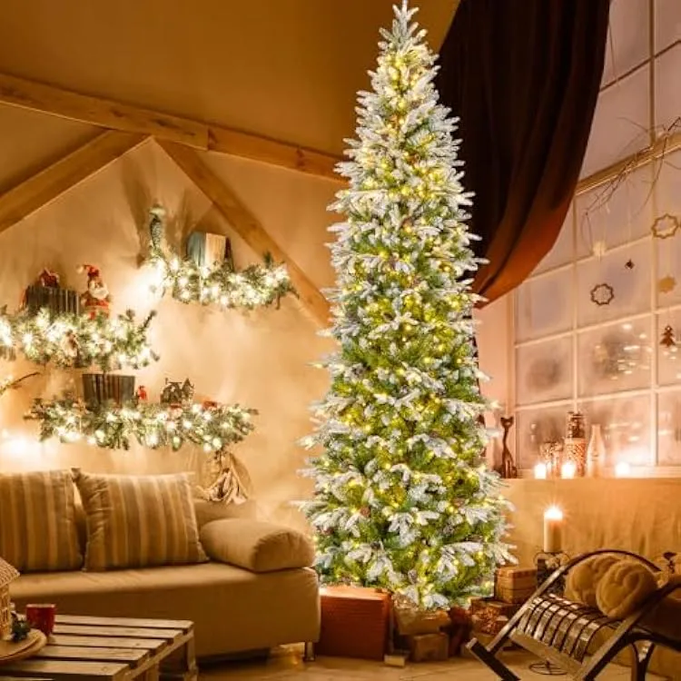 9 FT Prelit Pencil Christmas Tree, Flocked Comoros | Ubuy