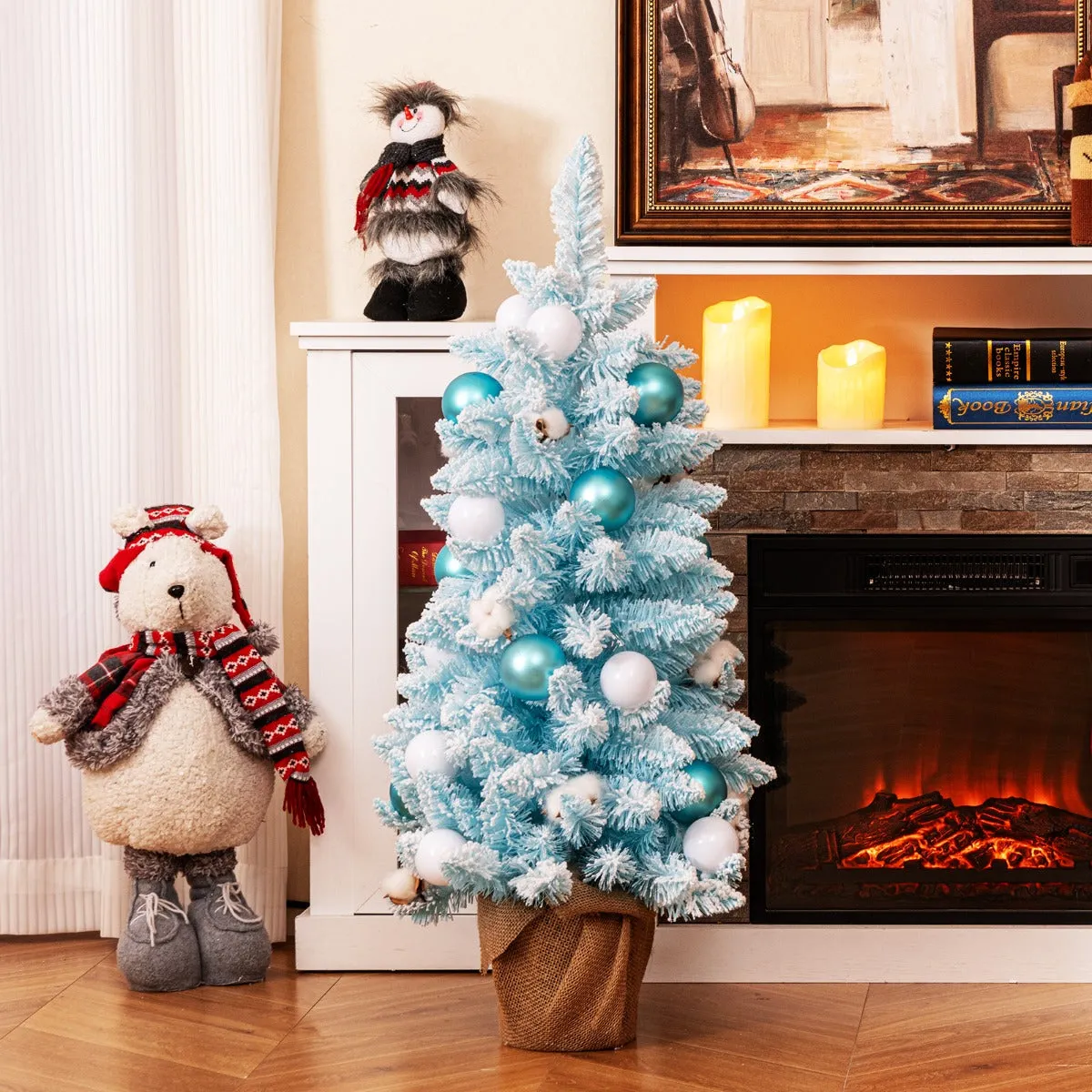 90 CM Artificial Mini Christmas Tree, Pre-Decorated Tabletop Blue Xmas Tree w/ 12 Natural Cotton Balls, 24 Decorative Ball Ornaments, Snow Flocked Branch Tips