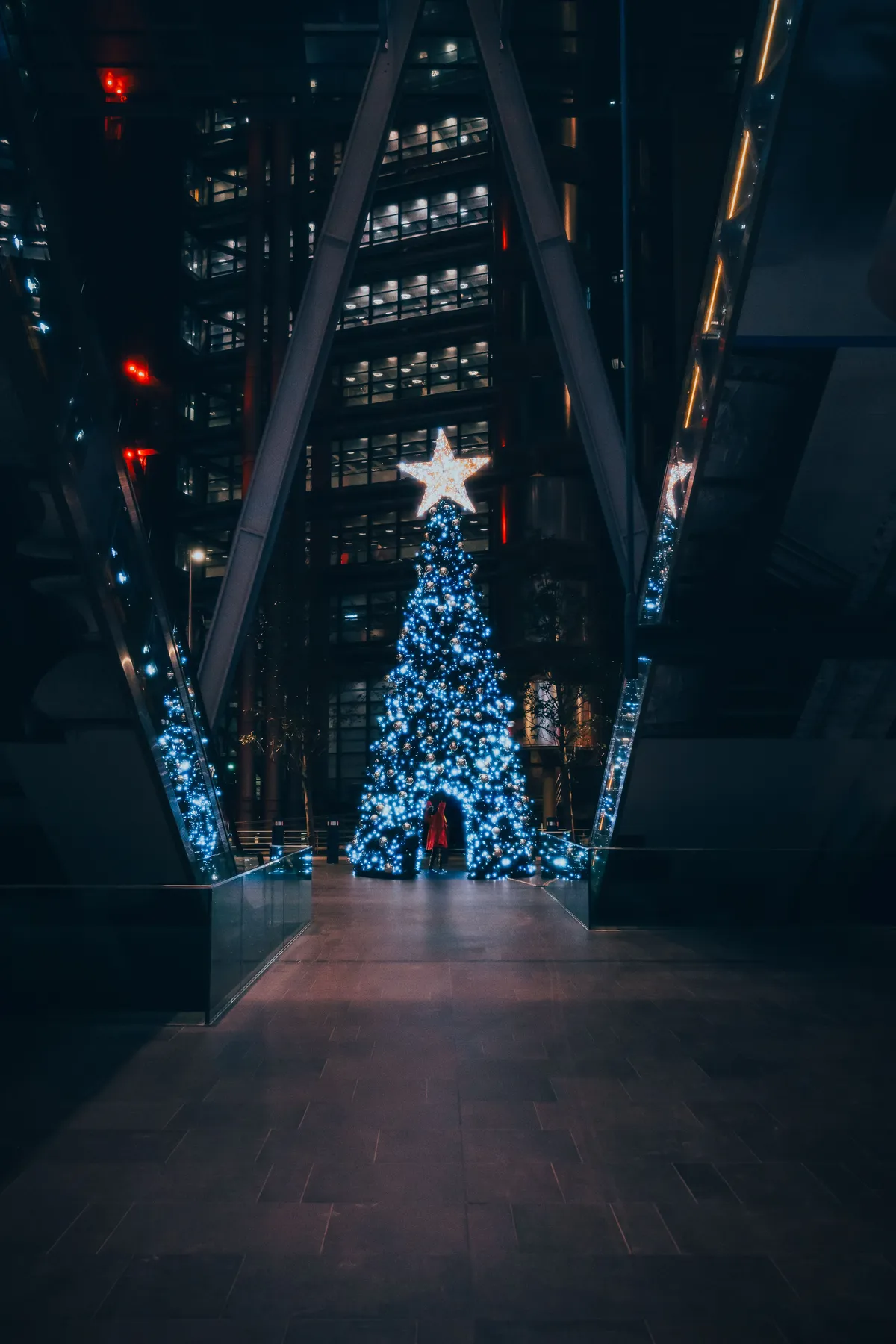 A beautifully lit Christmas tree stands in an urban London backdrop, creating a festive night scene.