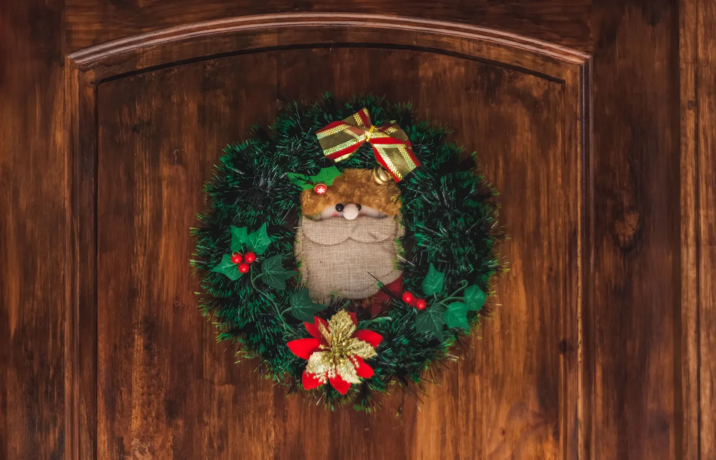 A decorative Christmas wreath featuring Santa Claus on a wooden door, perfect for festive holiday decor.