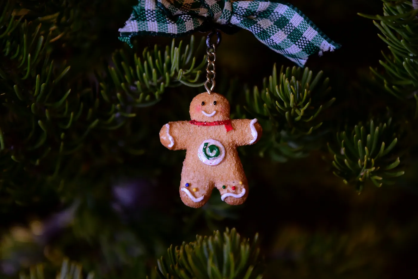 A gingerbread man ornament hanging from a Christmas tree