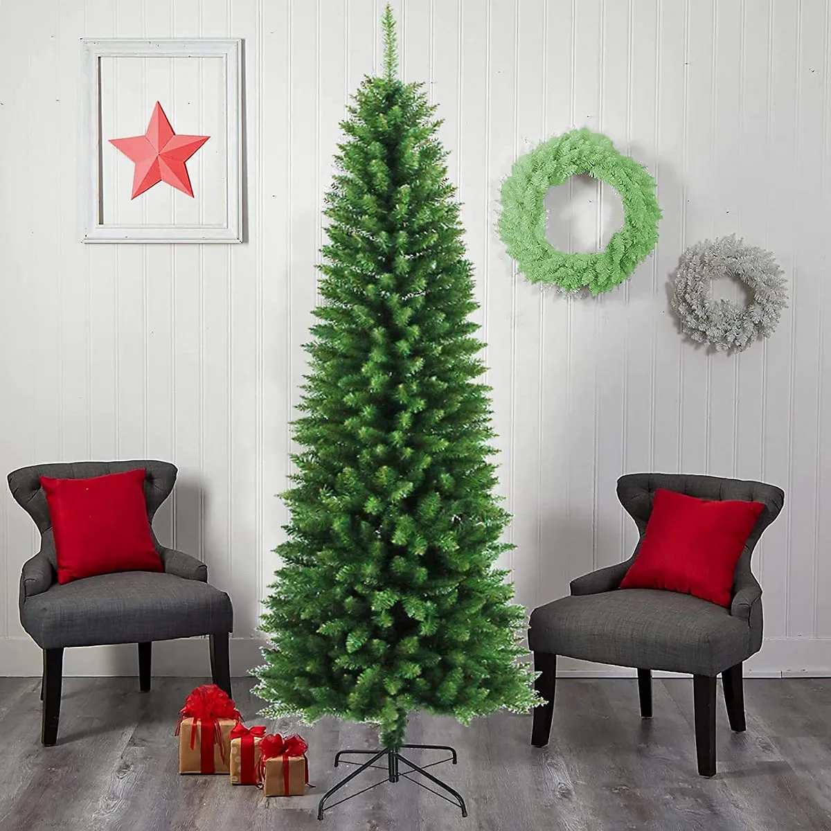 Abaseen 6ft Green Pencil Slim Artificial Christmas Tree, Xmas Tree 570 Tips  Easy Assembly Foldable Reusable Strong Metal Stand