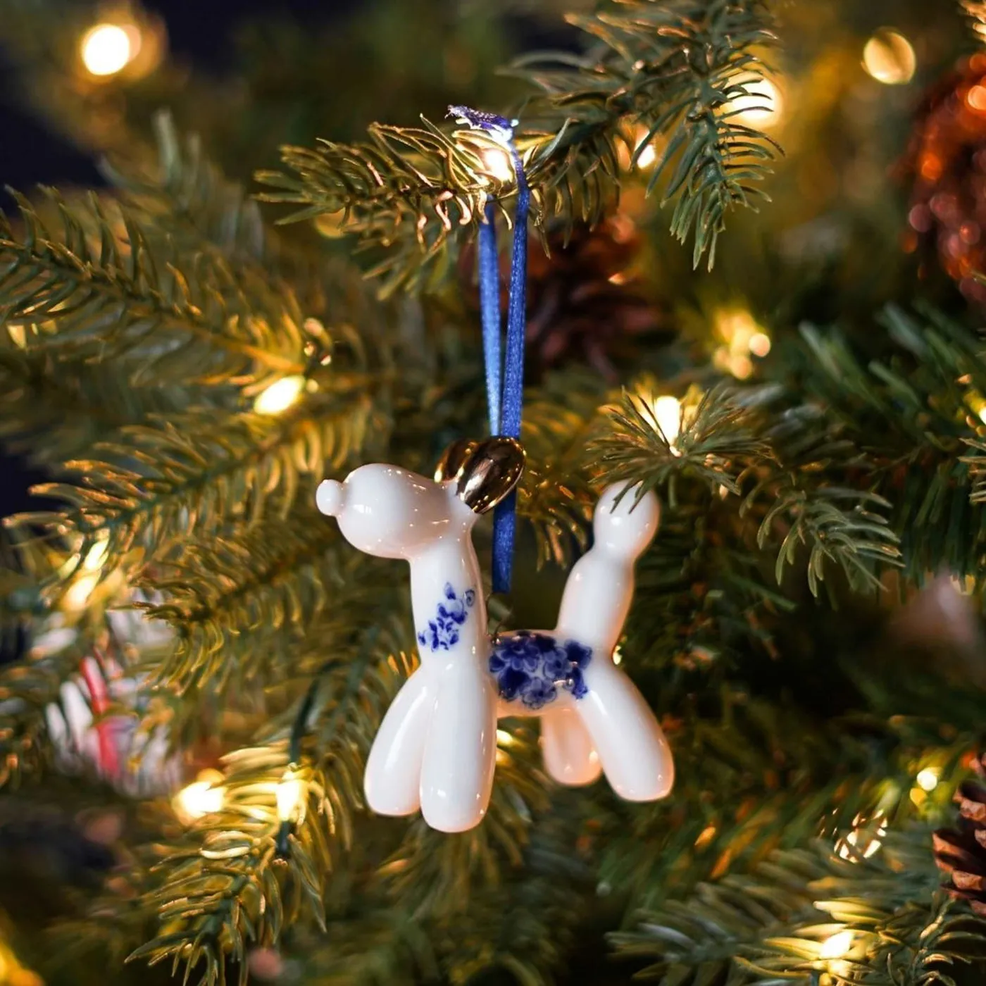 BALLOON DOG Blue & Gold - Christmas Tree Decoration - Ceramic Ornament