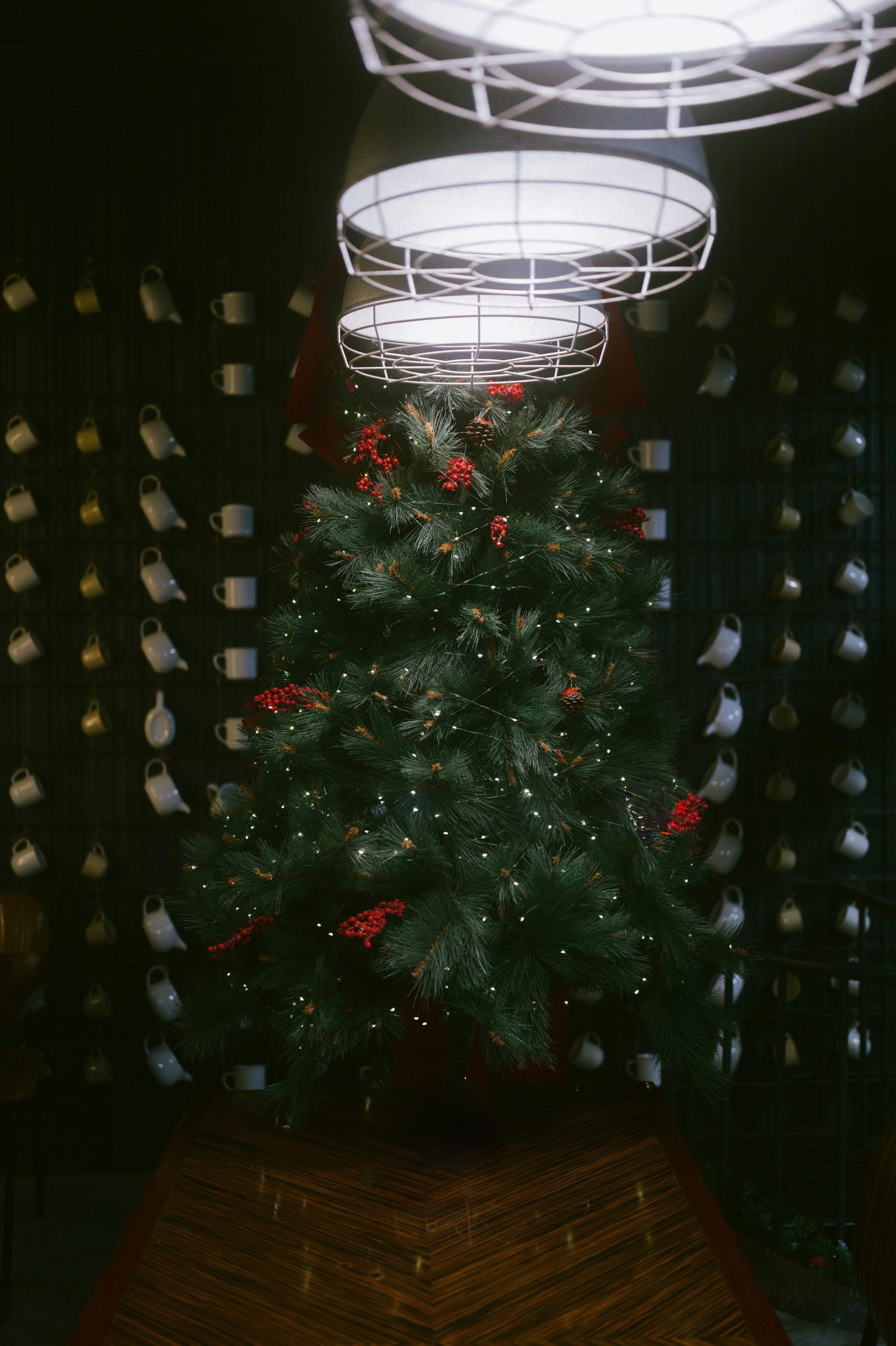 Beautiful indoor Christmas tree decorated with red accents and warm lighting.