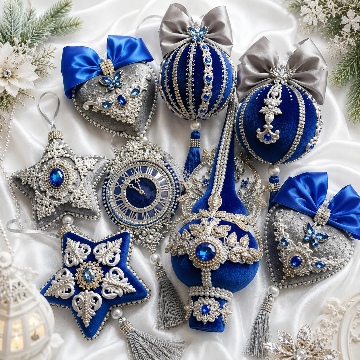 Blue Gray Velvet Christmas Ornaments Set