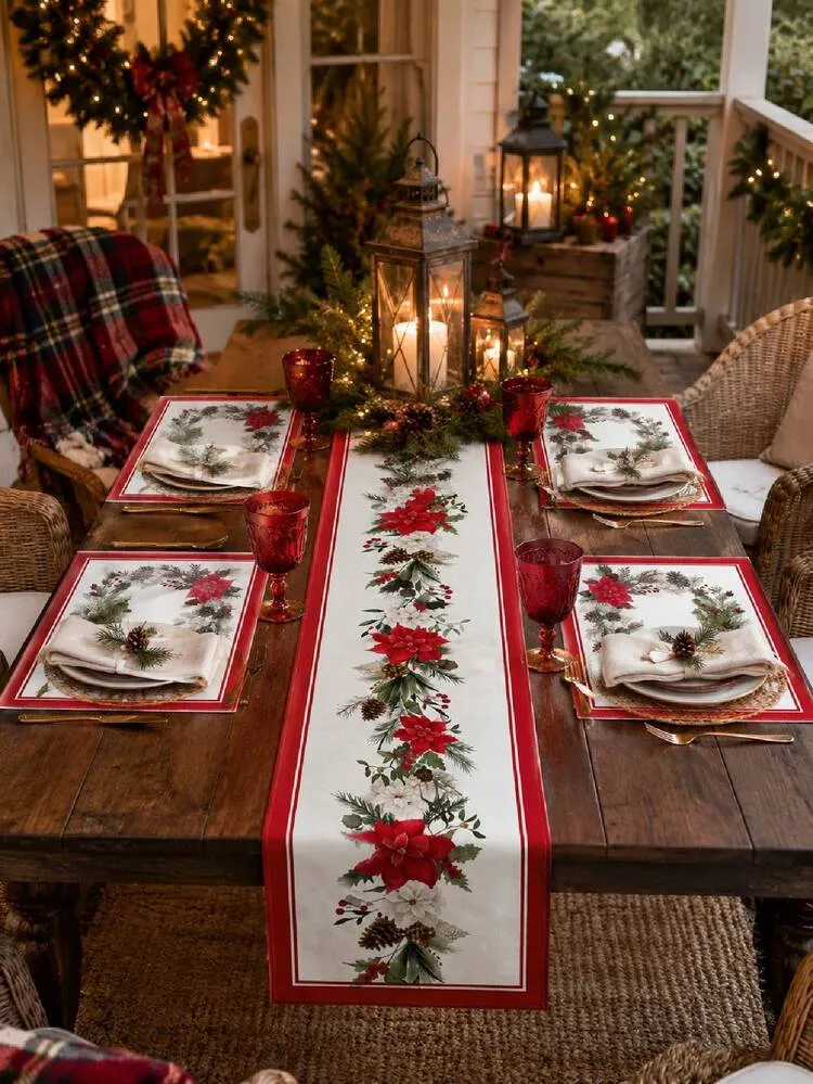 Bright Red Poinsettia And Pine Branch Linen Table Runner, Elegant Indoor/Outdoor Home Party Decor, Suitable For Home And Room Decoration, Kitchen Accessories, Garden, Holiday Celebrations, Christmas