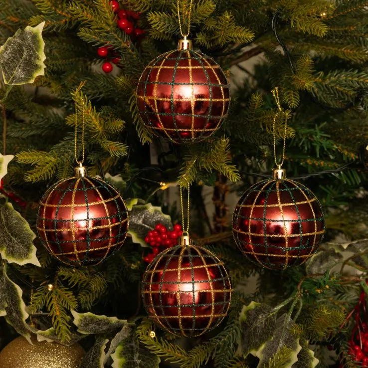Burgundy Tartan - Glitter Baubles - Christmas Tree Decoration - Pack of 12