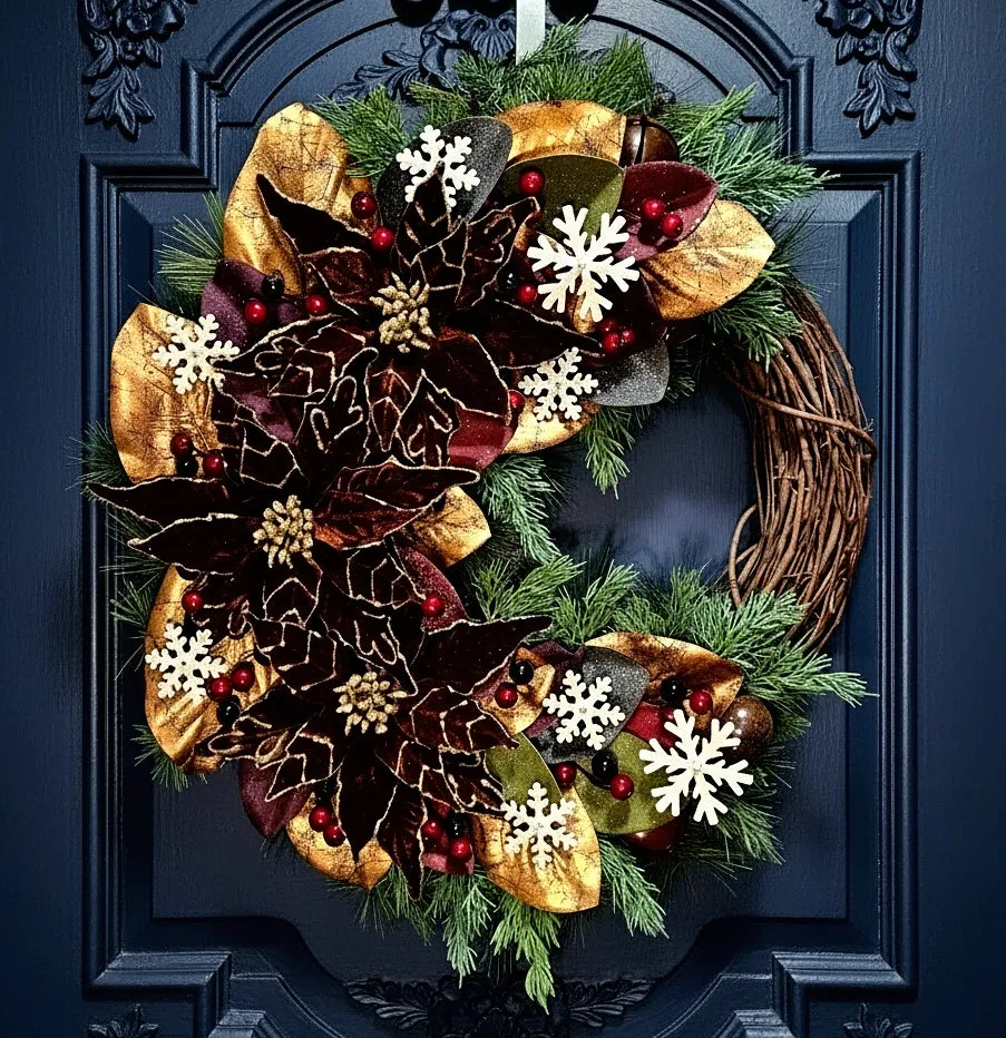 Chocolate Poinsettia and Magnolia Traditional Christmas Wreath – JavaBerry  Decor