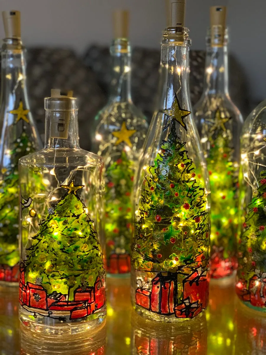 Christmas Tree Hand Painted Bottle With Fairy Lights – Christie Norman Art
