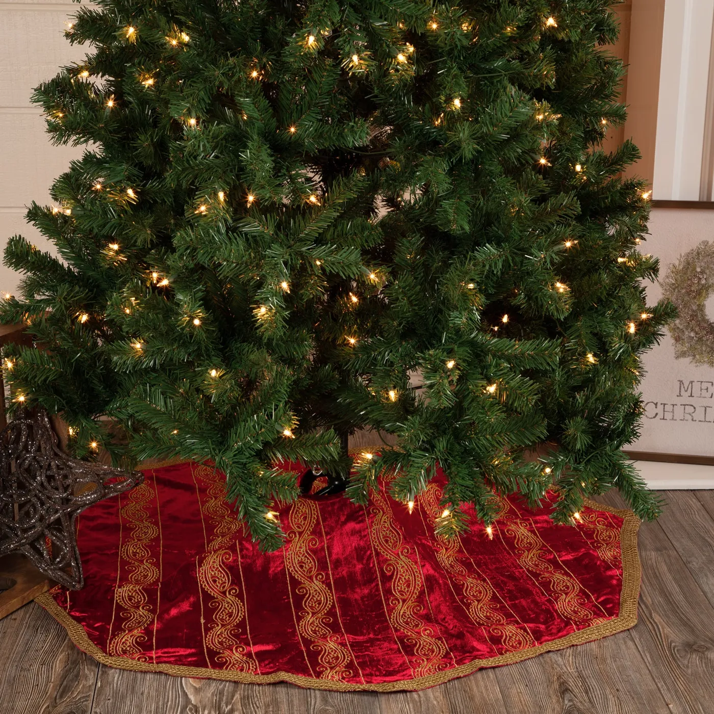 Christmas Tree Skirt 48 inch Yule Modern Embroidered Red Yellow Glam H –  VHC Brands Home Decor