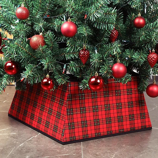 Christmas Tree Skirt Square Stand Base Red & Black Plaid Folding Collar  Basket Durable Holiday Tree