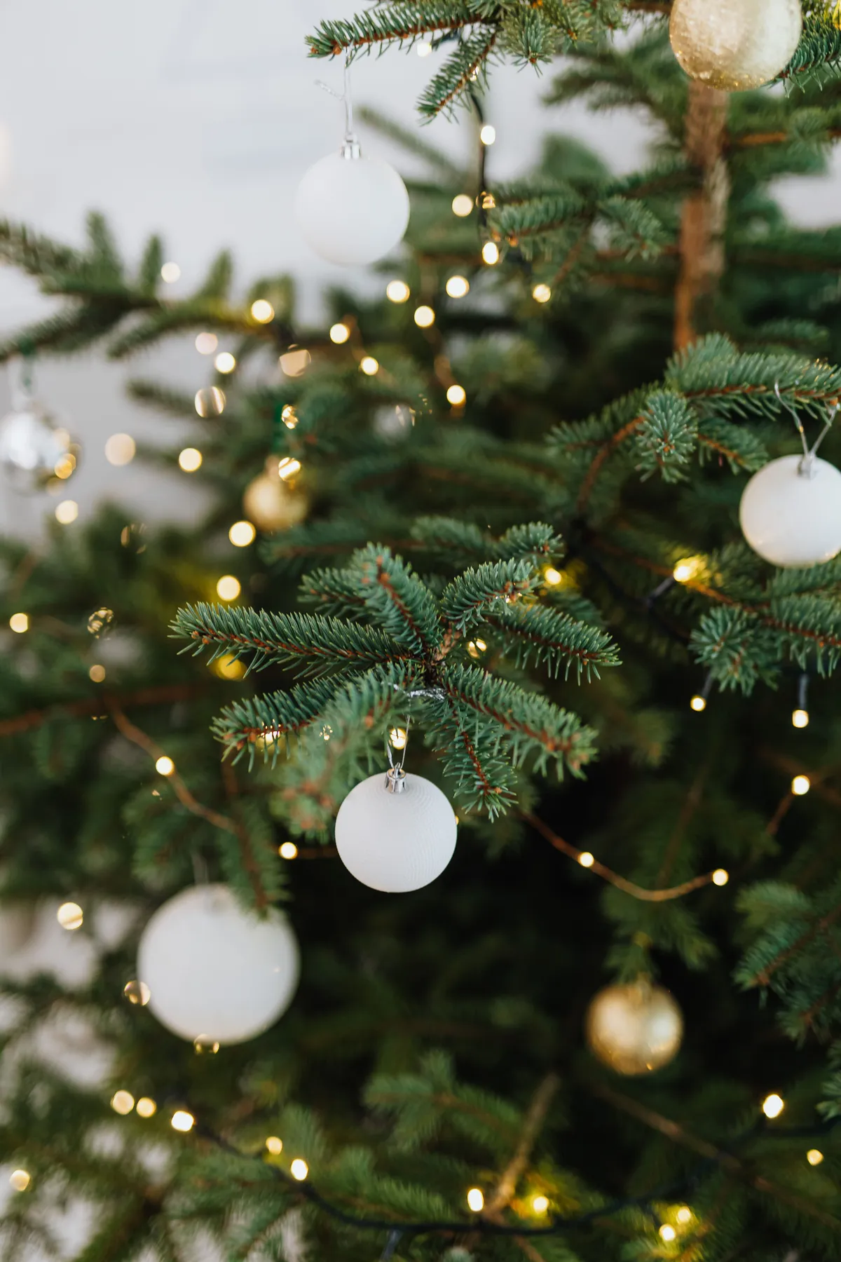 Close-up of a festive Christmas tree adorned with white ornaments and glowing string lights.