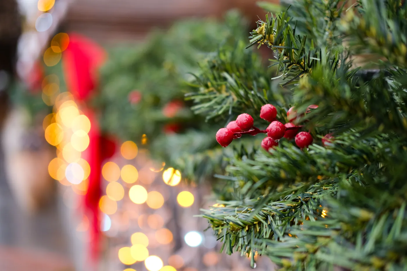 Close-up of red berries on evergreen branches with festive bokeh lights, perfect for Christmas themes.