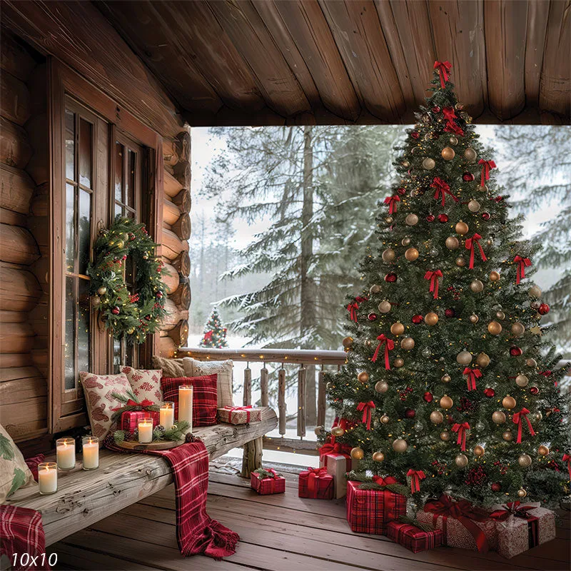 Cozy Log Cabin Christmas Tree Backdrop for Holiday Photos