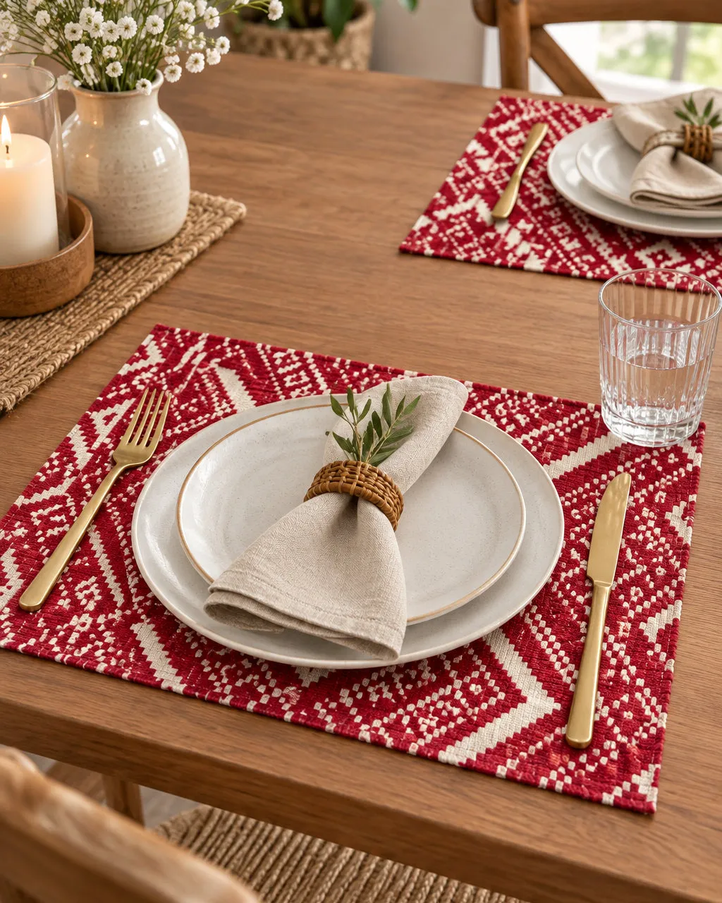Crimson Red Jacquard Cotton Placemat | Boho Table Mat – Varsaca
