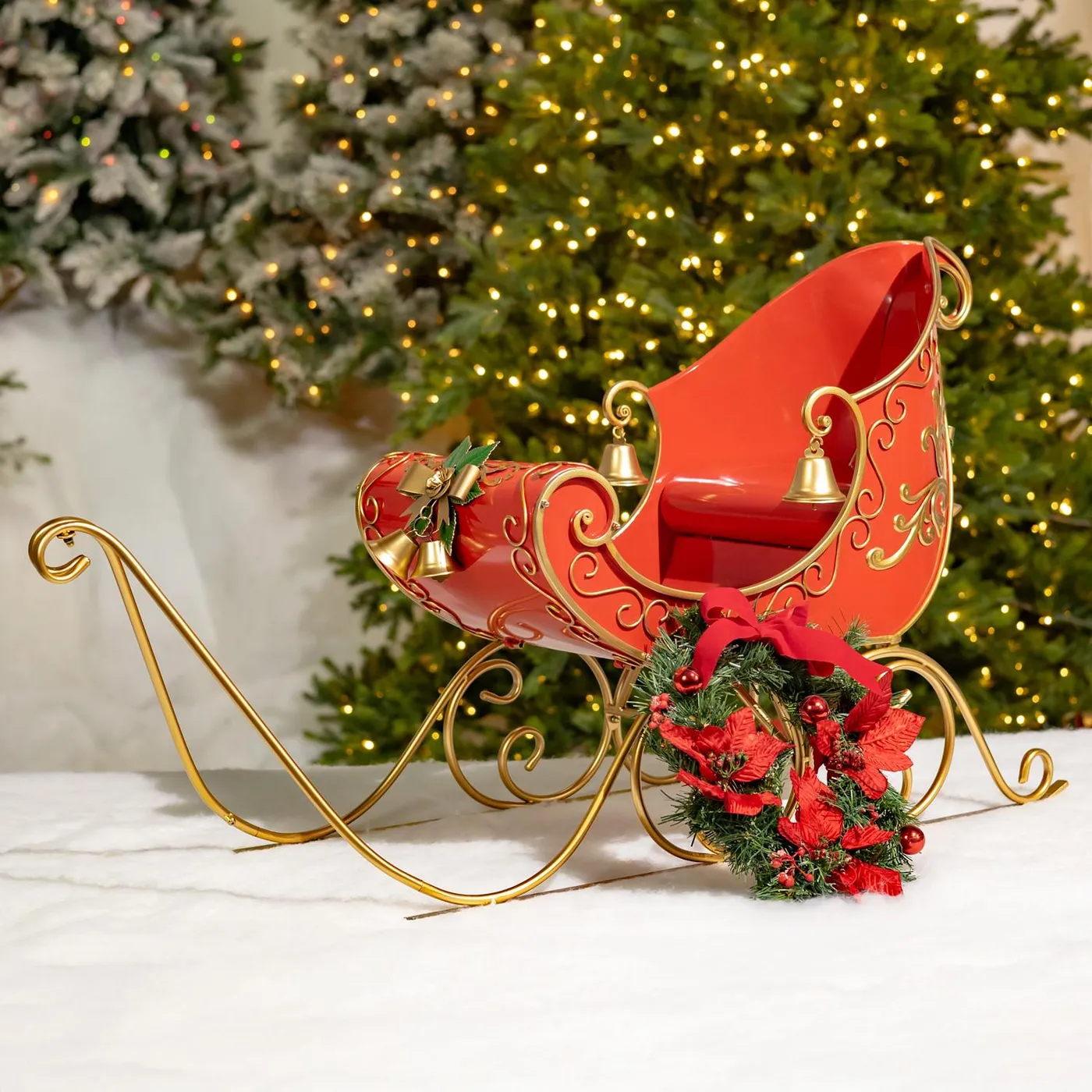 Decorative Christmas Sleigh Long Opulent Metal Christmas Sleigh Commercial  Holiday Display, Indoor/outdoor, Glossy Red Gold Finish, Vintage Style  Sleigh Décor