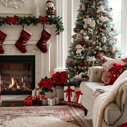 Download Cozy Christmas Corner Image - Christmas, Fireplace, Stockings |  StockCake