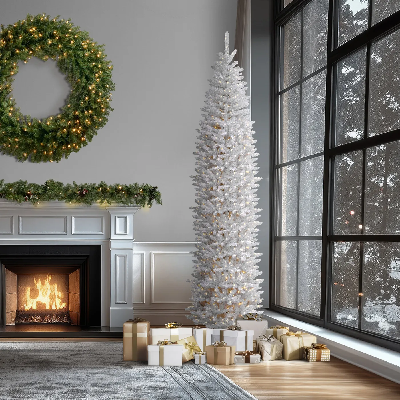 Elegant White Pencil Christmas Tree 12 Kingswood Fir White Pencil Slim Tree  With Clear Lights, · National