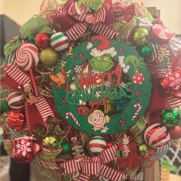 Ex Large Grinch Wreath 32” With Reversible Hand Painted Wood Festive Grinch Holiday Wreath with Red and Green Accents