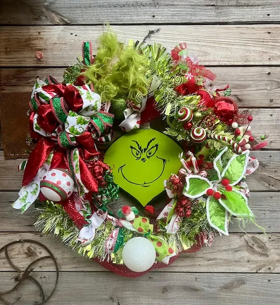 Ex Large Grinch Wreath 32” With Reversible Hand Painted Wood Festive Grinch Holiday Wreath with Red