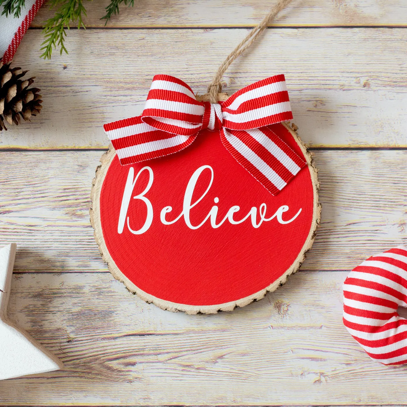 Farmhouse Christmas Ornaments Set of 3 | Red White Wood Slices - Belie