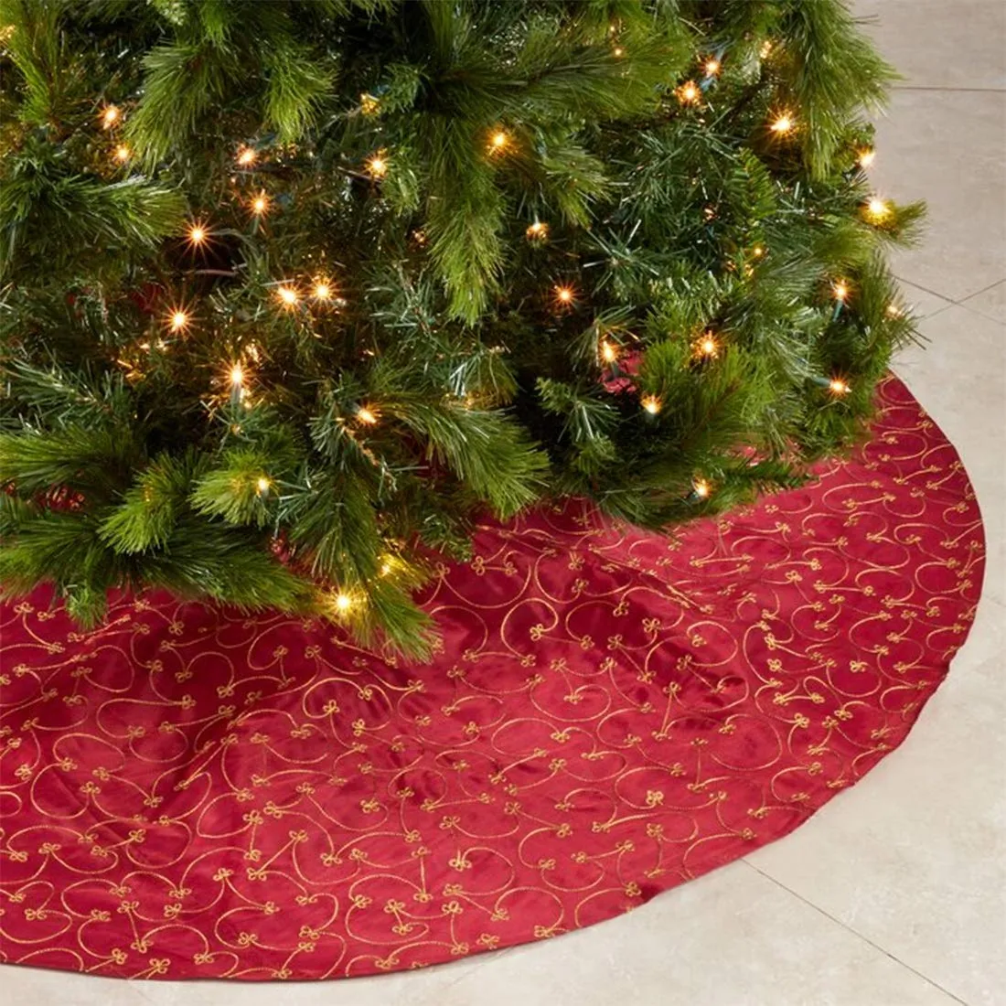 Fennco Elegant Gold Embroidery Burgundy Christmas Tree Skirt, 52 Inch Round, One Piece