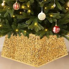 Festive Fix Gold Sequin Christmas Tree Skirt – Luxury 4-Panel Foldable Xmas  Tree Base Cover for