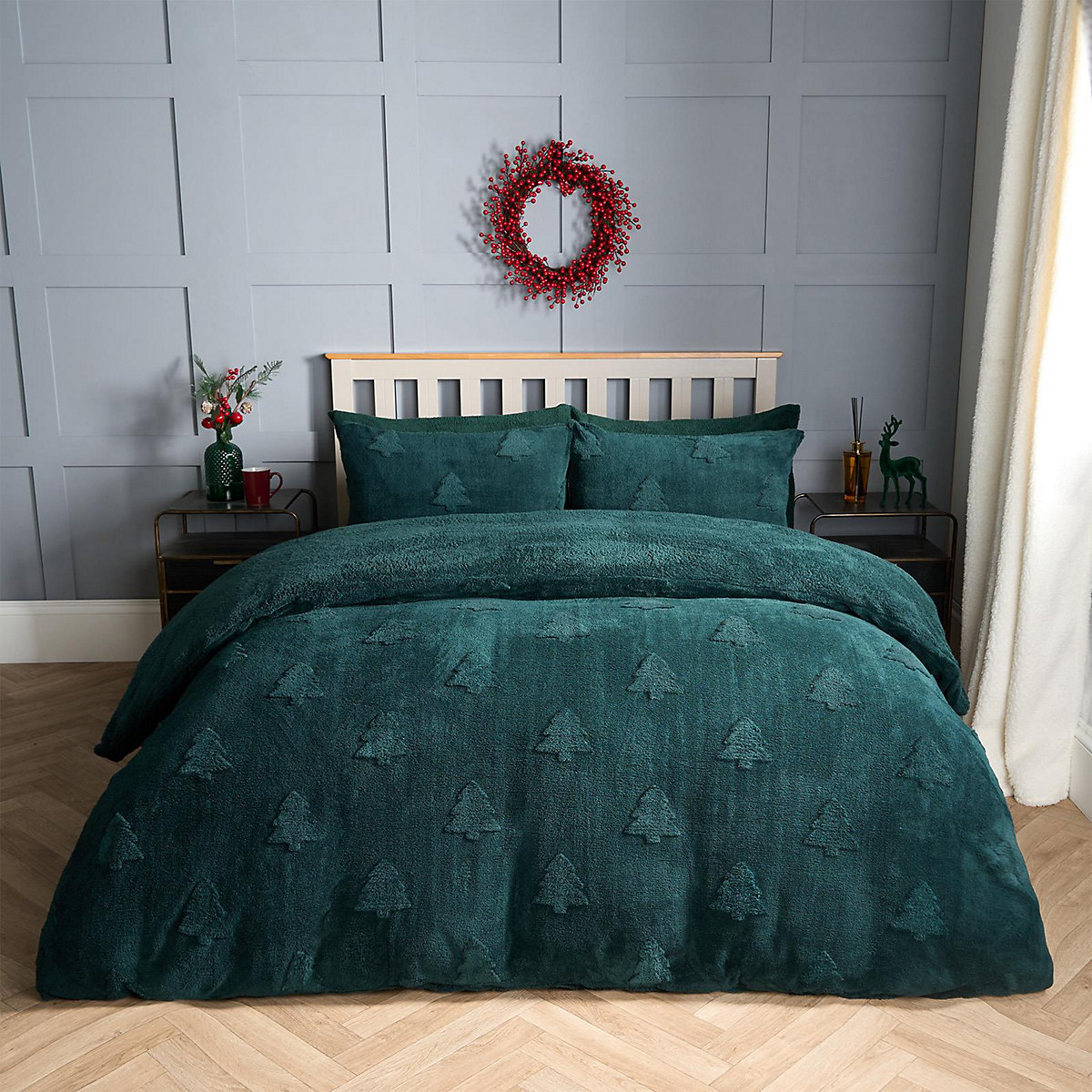 Fleece Duvet Cover Winter Xmas Tree Quilt Bedding Set, Green - Double