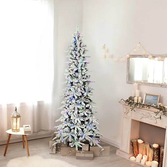 Fraser Hill Farm 7.5-Ft. Slim Mountain Pine Flocked Christmas Tree with Multicolor LED Lights
