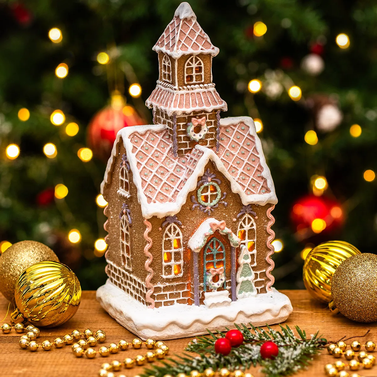 Gisela Graham Medium Pastel Iced Gingerbread House with Tower LED Light Up Ornament