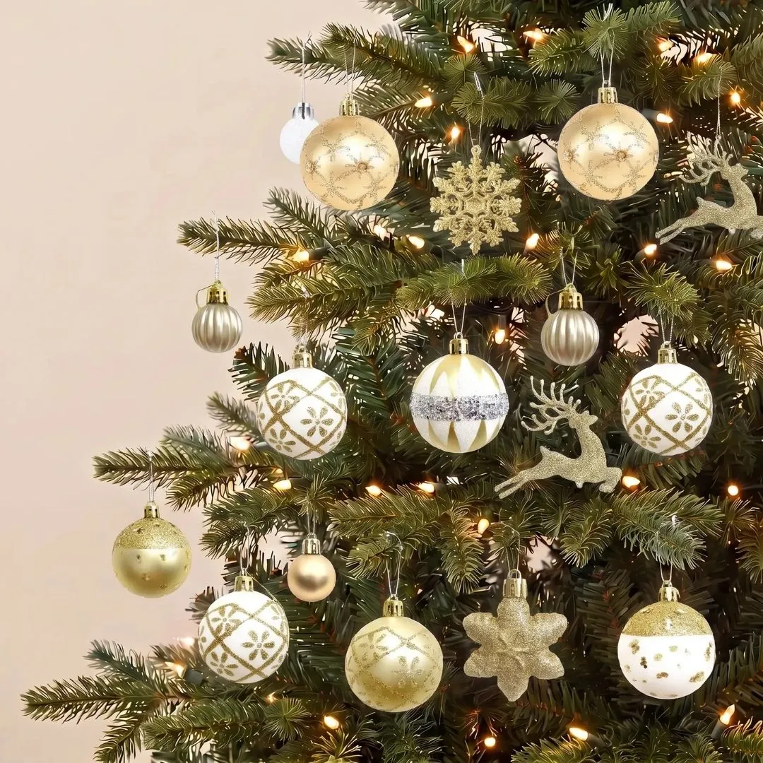 Gold White Baubles Set Christmas Hanging Ornaments - 45pcs (D14) | Speckled  Space
