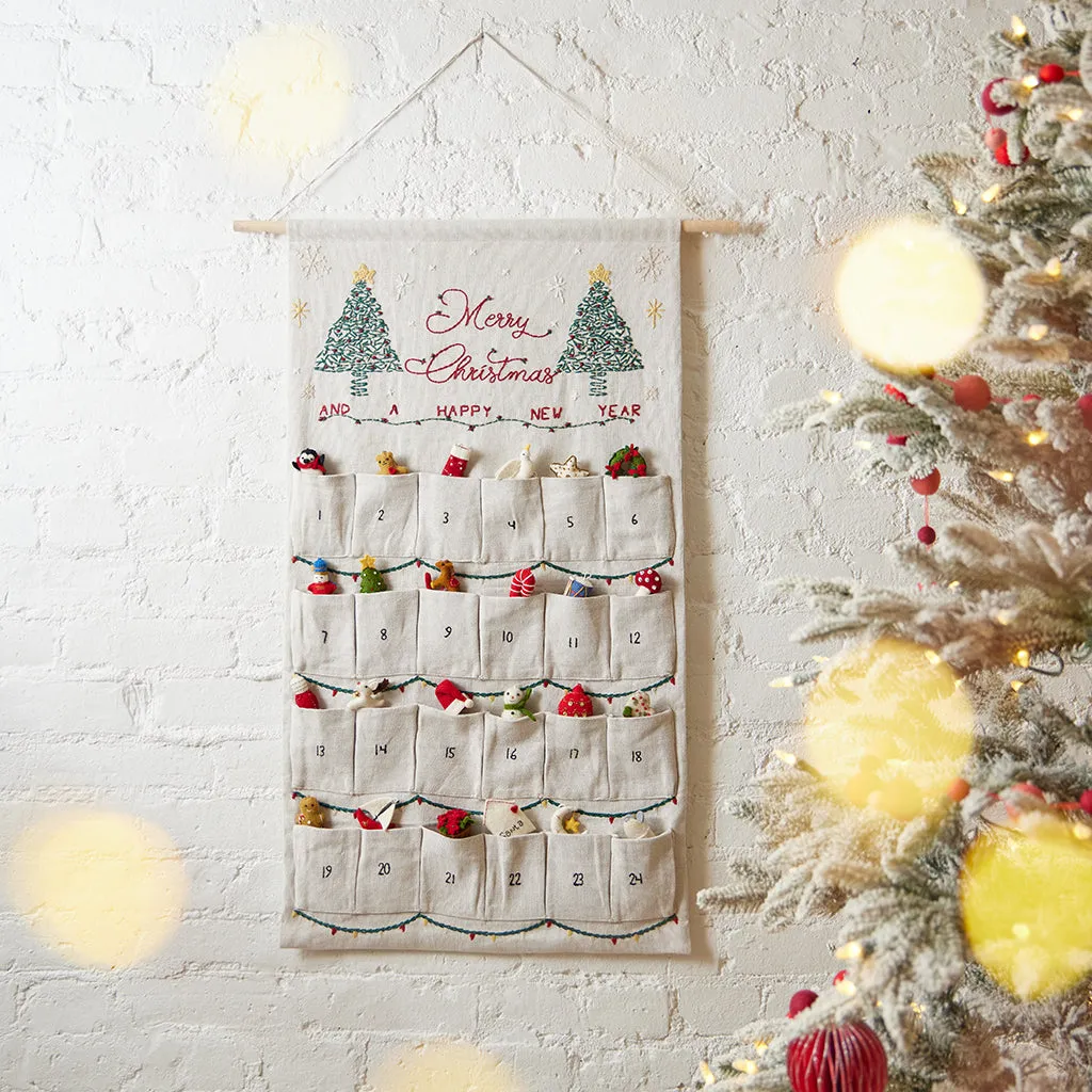 Hand Embroidered Natural Merry Christmas Linen Advent Calendar