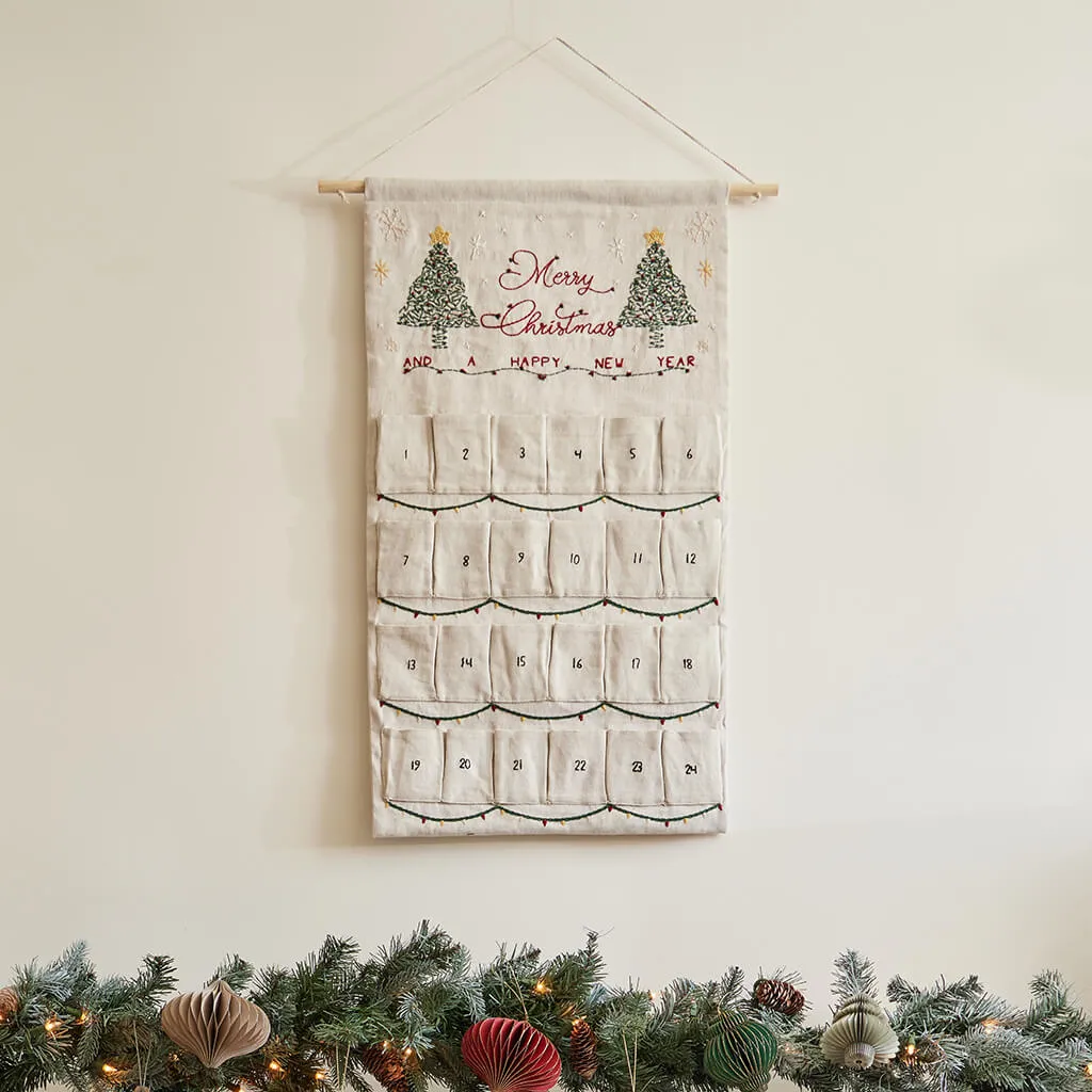 Hand Embroidered Natural Merry Christmas Linen Advent Calendar