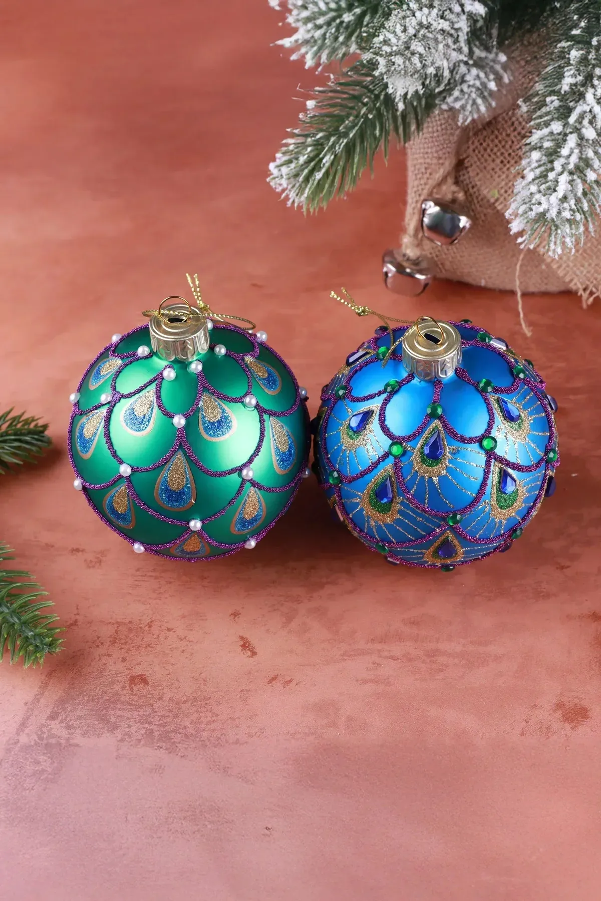 Hand-Painted Peacock Tail Glass Bauble — Emerald or Royal Blue, Green