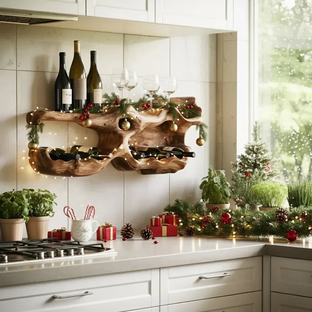 Handcrafted Wooden Wine Rack – Rustic Wall Shelf Christmas Decor