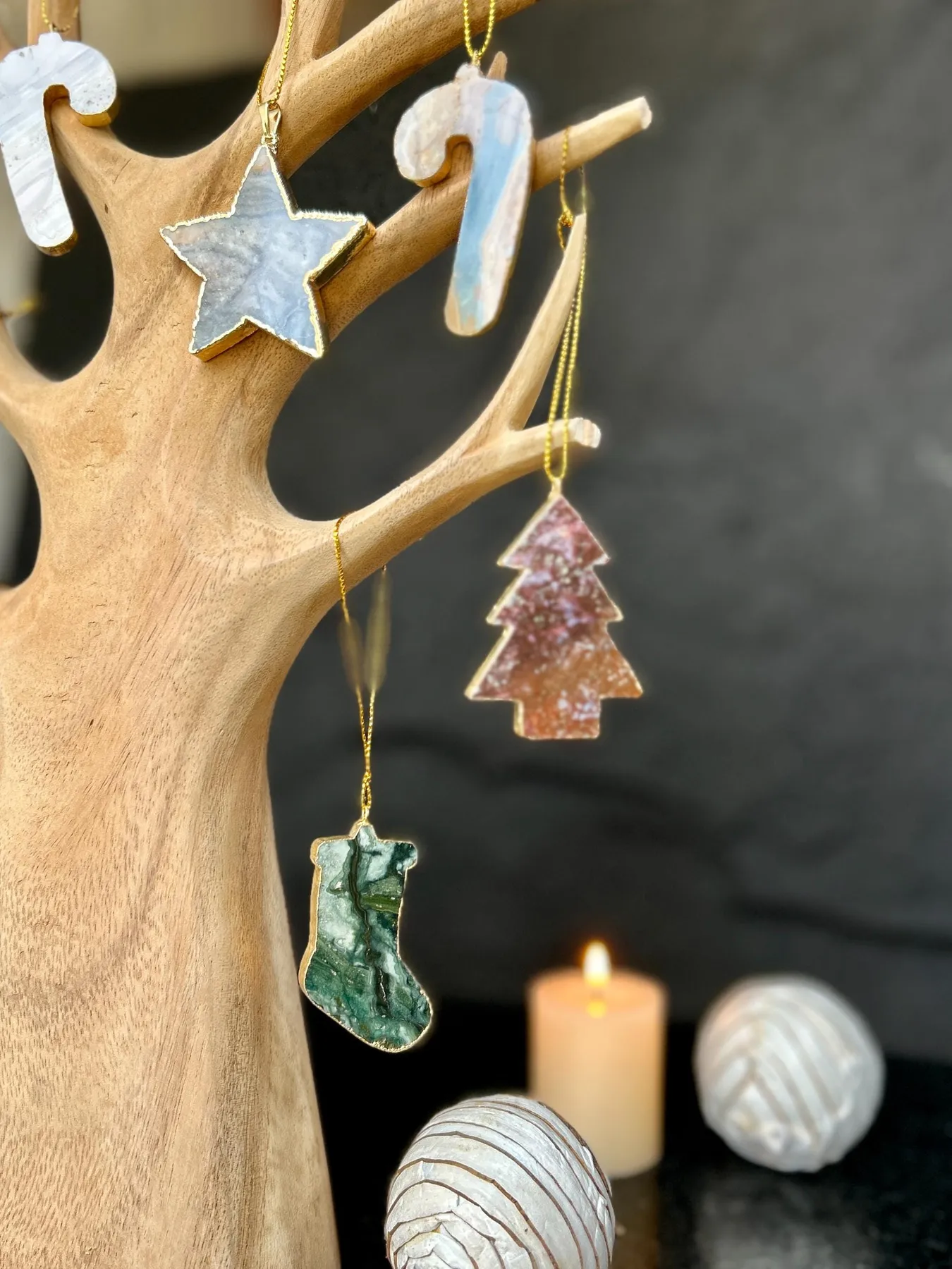 Handmade Agate & Jasper Christmas Tree Ornaments | Set of 4