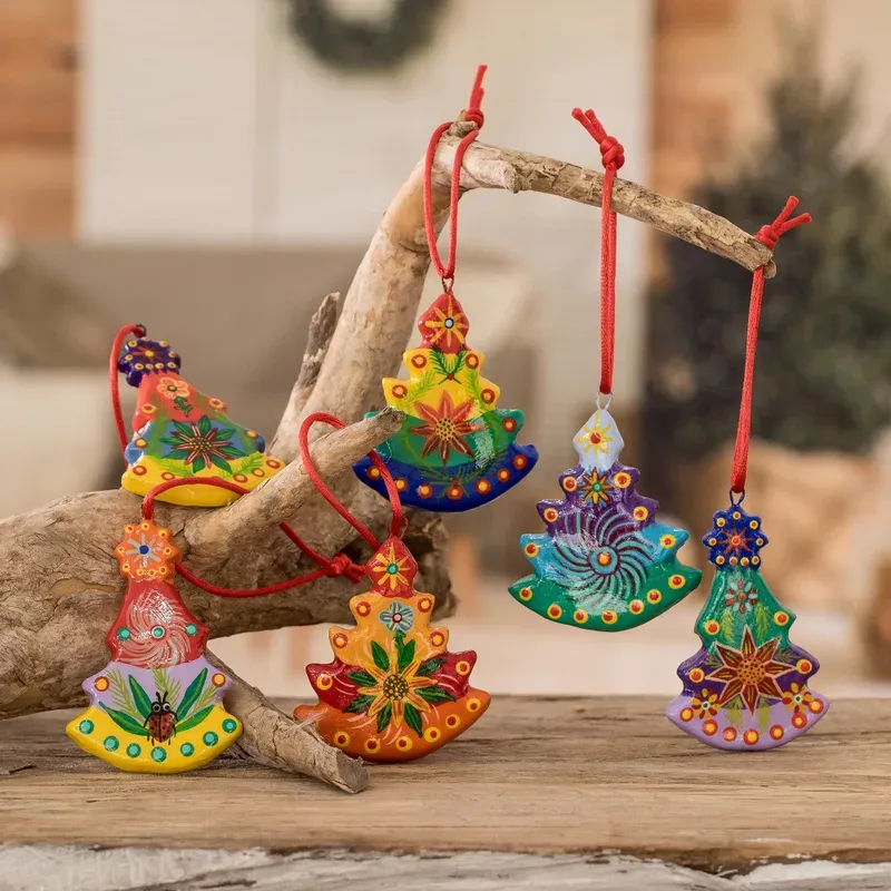 Handmade Tree Ceramic Ornaments (Set of 6), 'Christmas Tree'