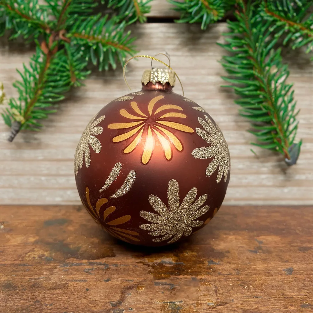 Handpainted Deep Bronze and Gold Flower Christmas Tree Glass Bauble -  Christmas Tree Decoration - The Boma Garden Centre