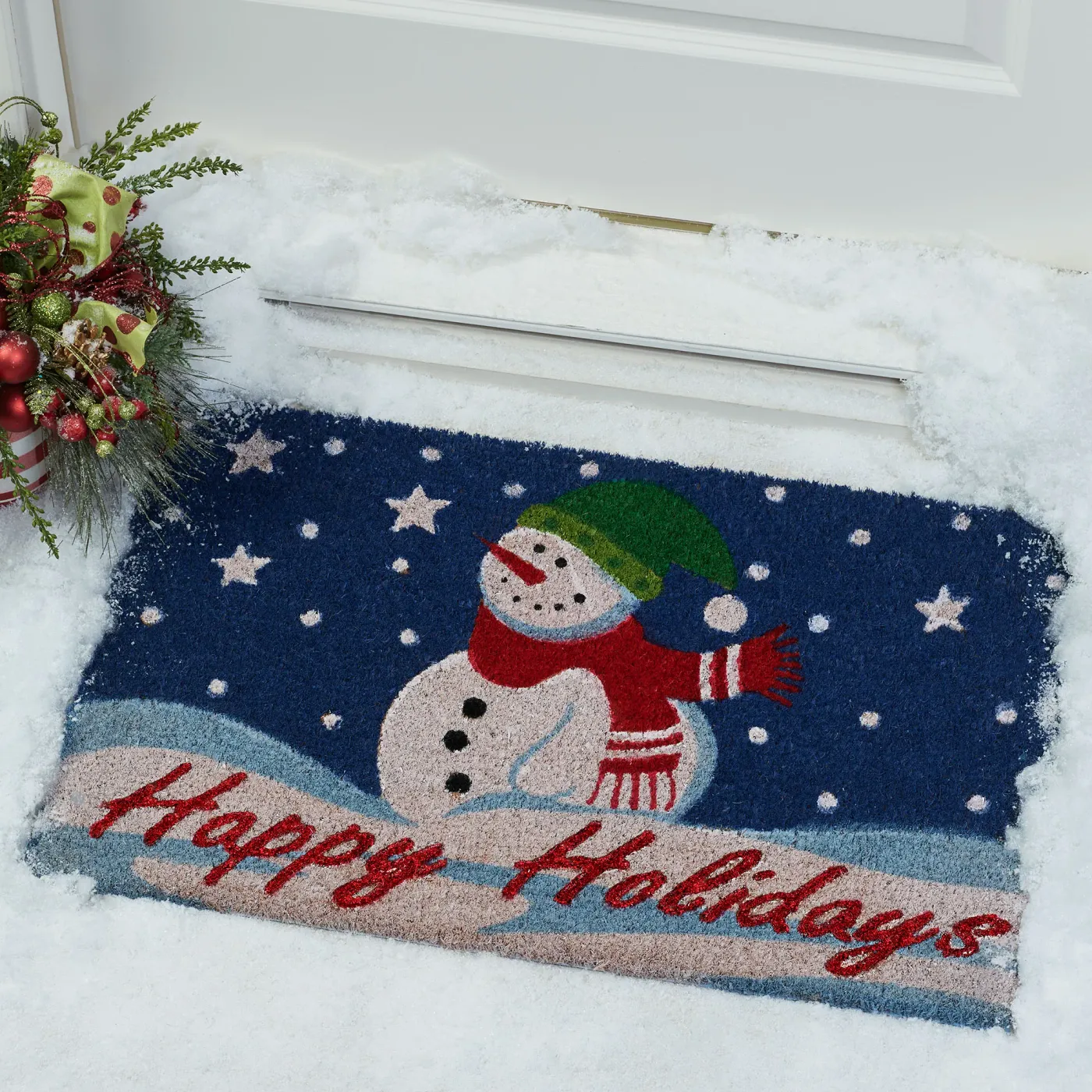 Happy Holidays Winter Snowman Outdoor Coir Doormat for Front Door Entry Porch