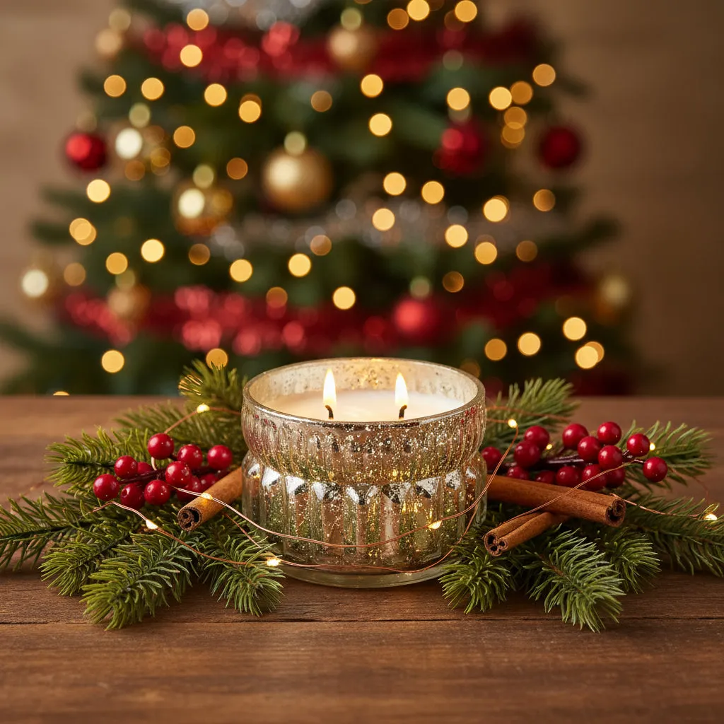 Hillhouse Naturals/Field+Fleur - Merriest Holiday 2 Wick Mercury Glass  9.5oz. Ctn.6 - Genterie Supply Co.