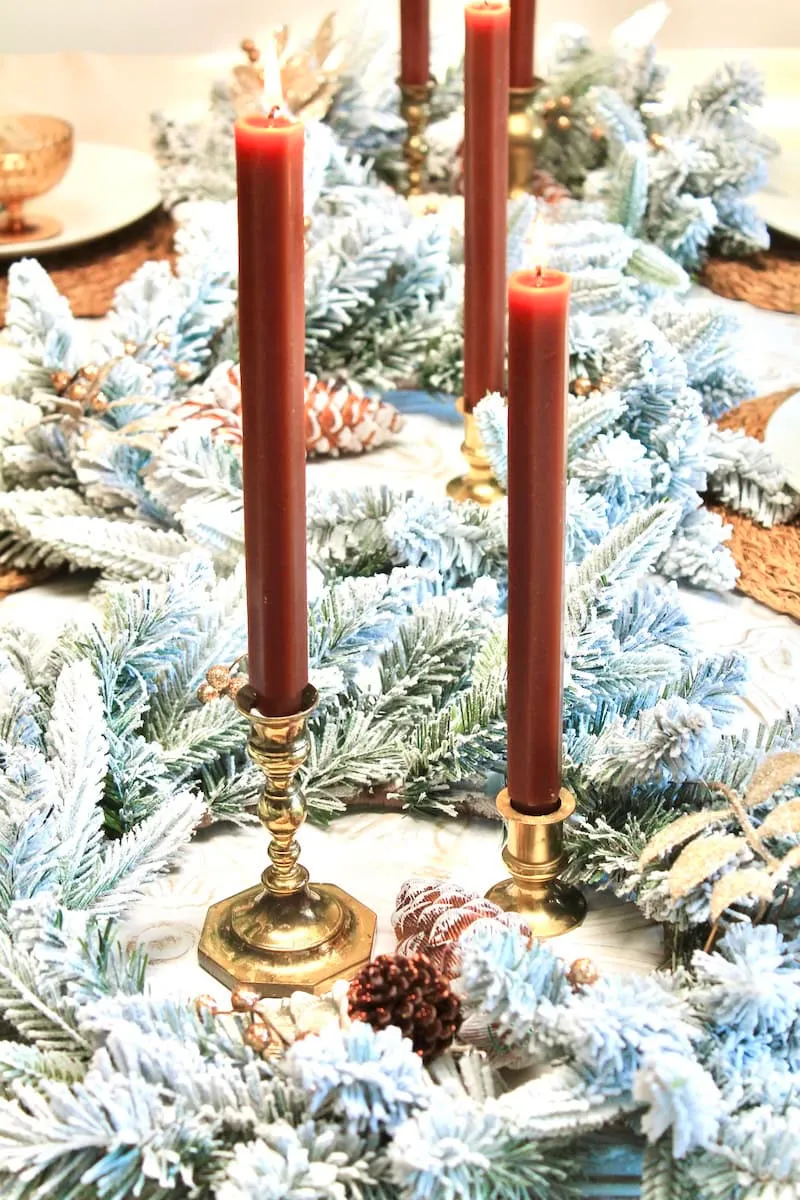 Homemade DIY Christmas Table Decorations with Flocked Wreaths