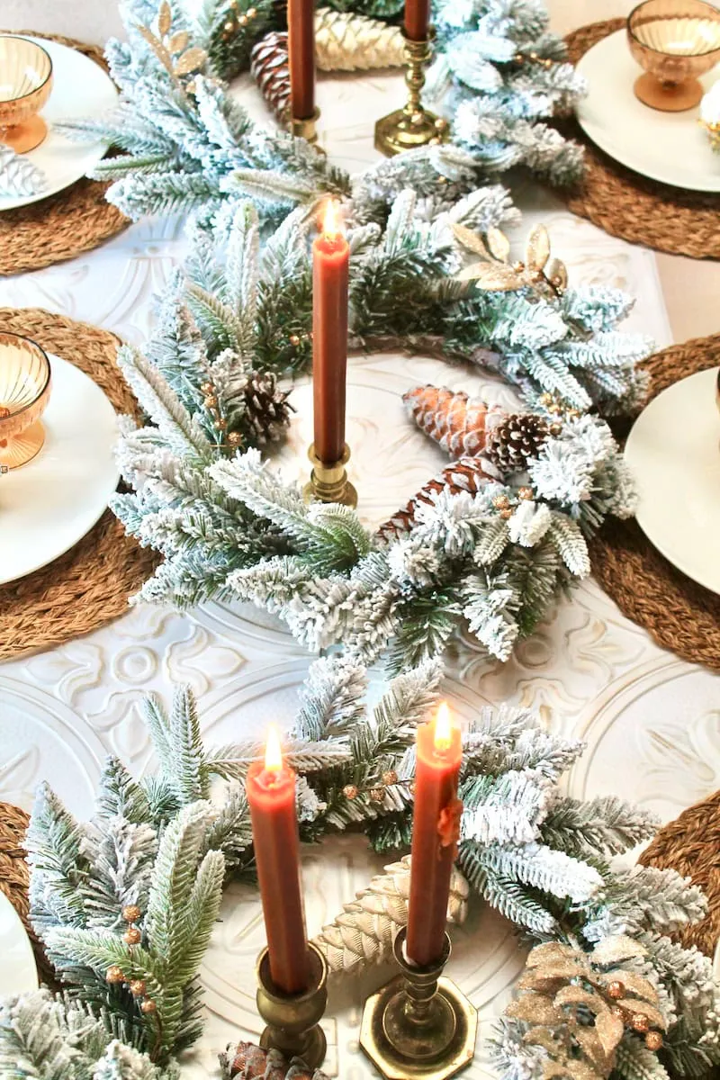 Homemade DIY Christmas Table Decorations with Flocked Wreaths
