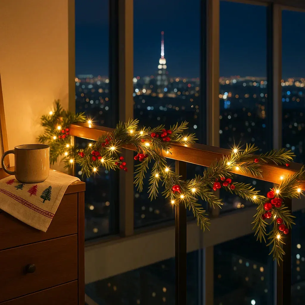 Illuminated Christmas Garland 180cm Warm White LED Red Berries | Sansoti