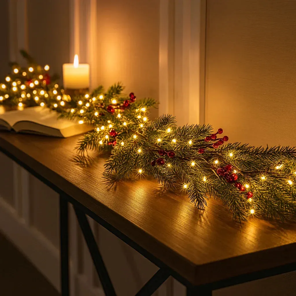 Illuminated Christmas Garland 180cm Warm White LED Red Berries | Sansoti