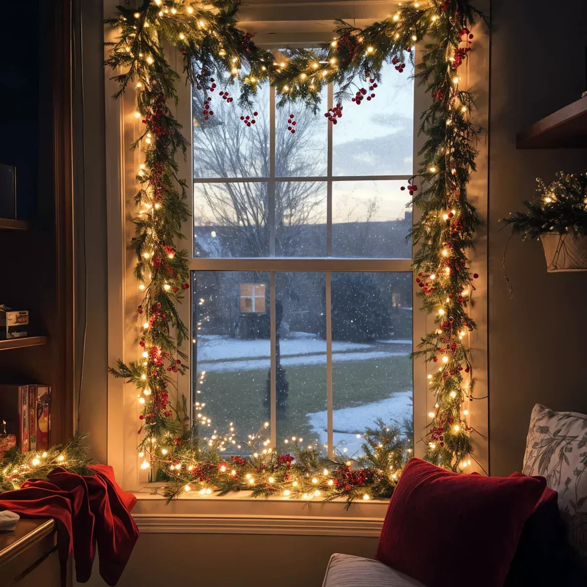 Illuminated Christmas Garland 180cm Warm White LED Red Berries | Sansoti
