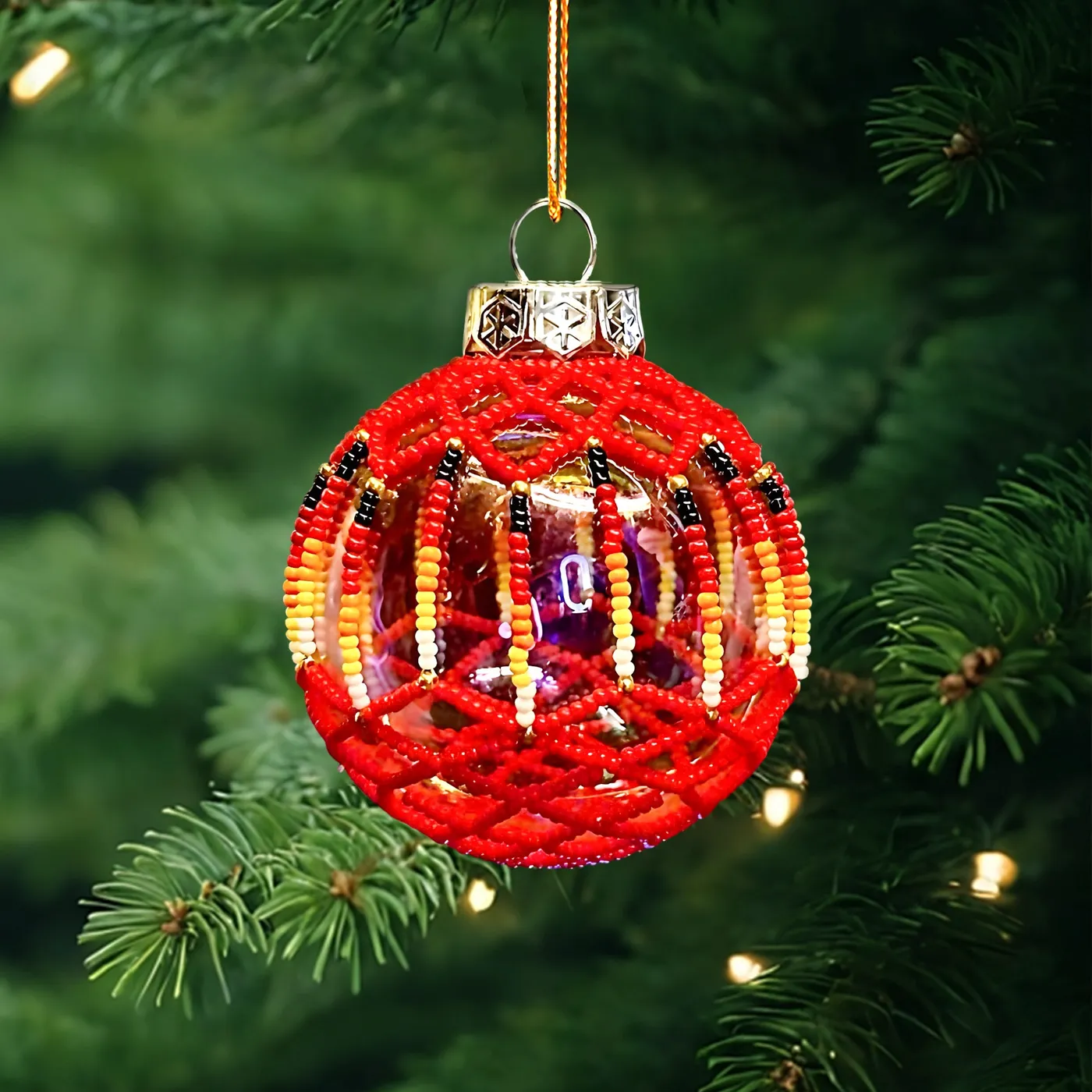 India Handcrafted Metal Christmas Tree Ornament with Colorful Beads