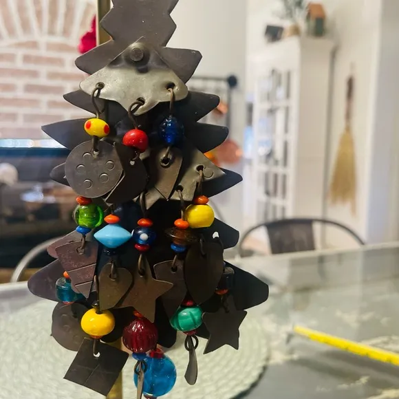 India Handcrafted Metal Christmas Tree Ornament with Colorful Beads